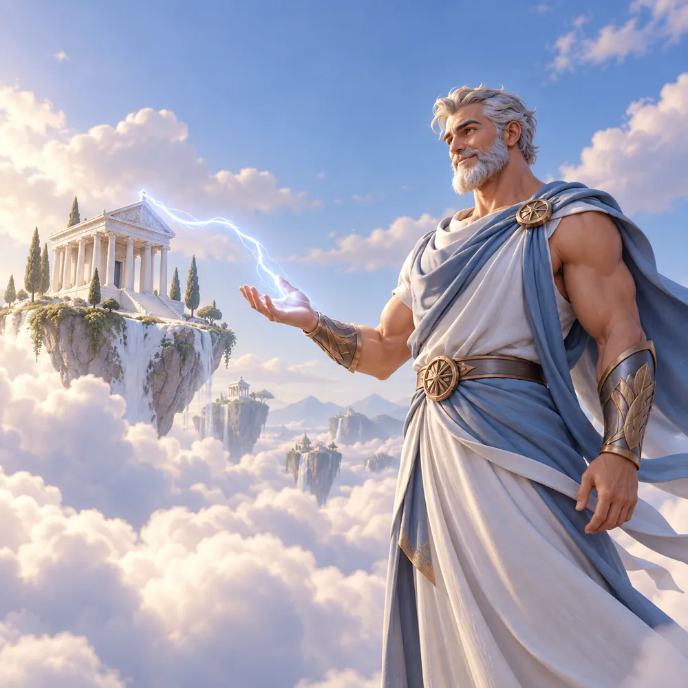 Ilustração: Zeus, de túnica branca e azul, estende a mão para um templo flutuante; um raio fino liga os dois.